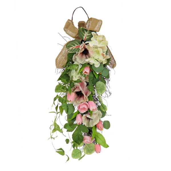 National Tree Company 26 in. Artificial Floral Arrangements Spring Swag with Hollyhock, Hydrangea, Tulip and Eucalyptus