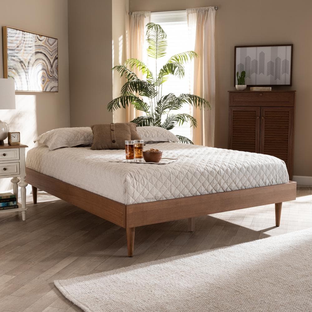 Queen Walnut Wood Platform Bed Frame with Tapered Legs