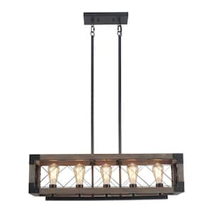 5-Light Black and Smoked Wood Farmhouse Rectangular Chandelier, Adjustable Hanging Length Kitchen Island Pendant Light