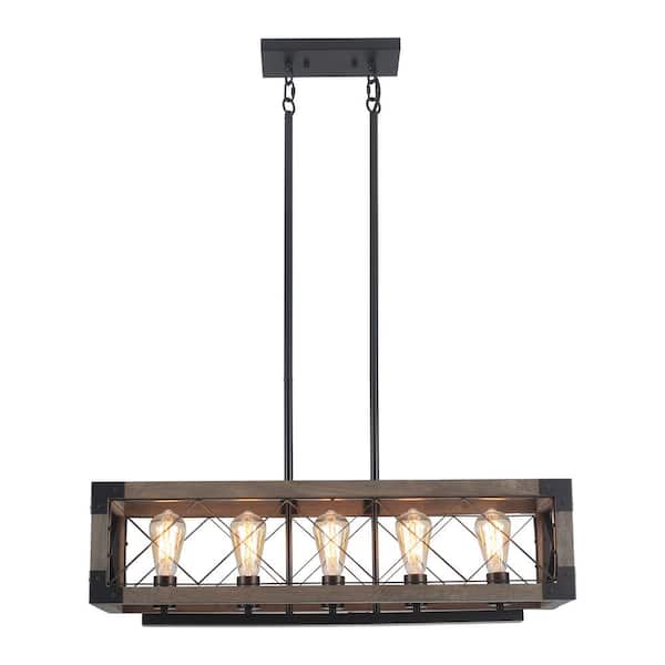 ADSENSTY 5-Light Black and Smoked Wood Farmhouse Rectangular Chandelier, Adjustable Hanging Length Kitchen Island Pendant Light