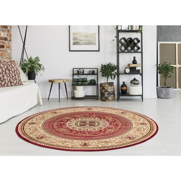 6' Round Oushak Red Rug, All Over Pattern Industrial Modern