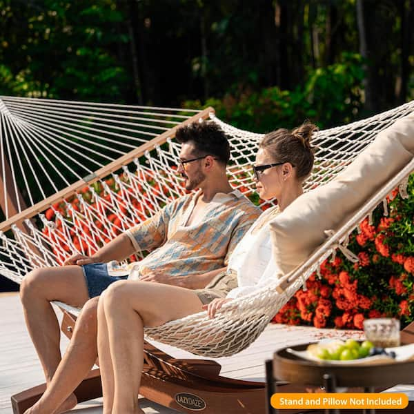 12 ft. 2 Person Hand Woven Cotton Double Rope Hammock with Spreader Bar in Natural for Outdoor and Indoor