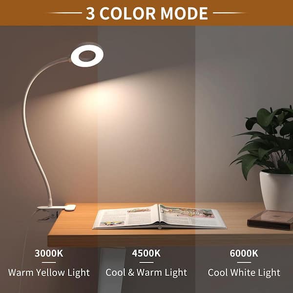 27.6 in. White Clip-On Desk Lamp, Dimmable LED Reading Light with Flexible Gooseneck for Studying, Crafting, Makeup