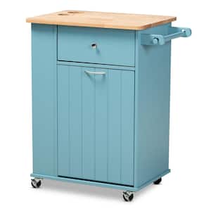 Liona Blue Kitchen Cart with Natural Wood Top