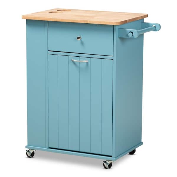 Baxton Studio Liona Blue Kitchen Cart with Natural Wood Top