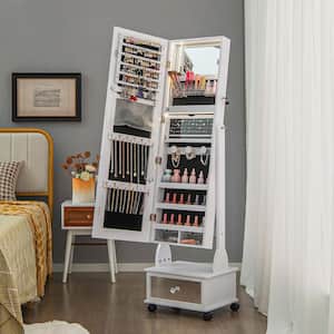 16.5 in. x 14 in. x 62.5 in. White Wood Jewelry Cabinet Armoire Full-Length Mirror Lockable with 3-Color LED Lights