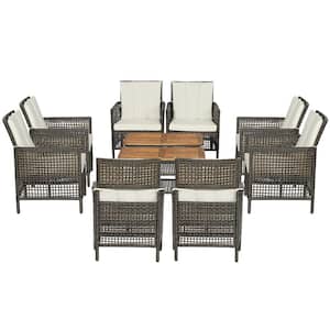 10-Piece Patio Rattan Furniture Set Cushioned Sofa Armrest Wooden Tabletop