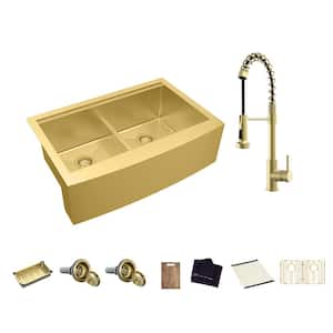 33 in. Farmhouse/Apron-Front Double Bowl 18-Gauge Gold Stainless Steel Workstation Kitchen Sink with Spring Neck Faucet