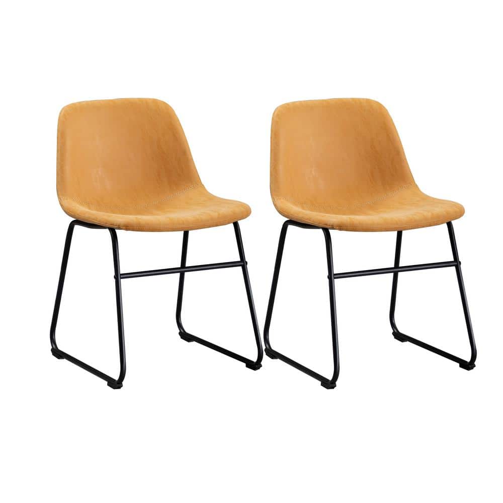 Tan Faux Leather Upholstered Armless Side Chairs with Metal Legs, Set of 2