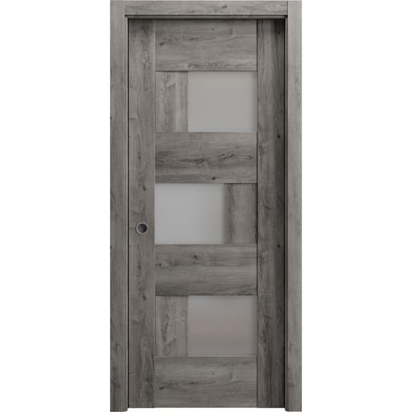 VDOMDOORS 42 in. x 96 in. 1 Panel Nebraska Grey Finished MDF Sliding Door with Hardware