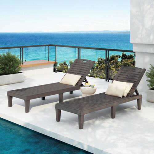 2-Piece Dark Brown Plastic Outdoor Chaise Lounge with Adjustable