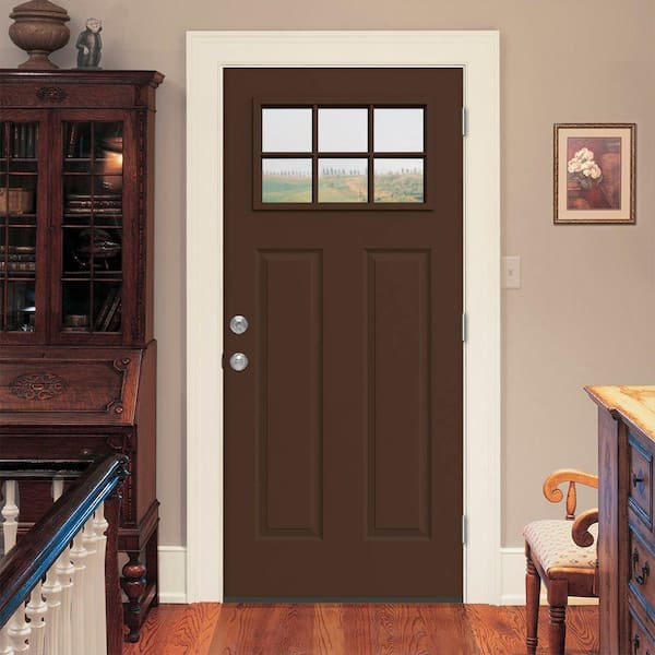 JELD-WEN 30 in. x 80 in. 6 Lite Craftsman Dark Chocolate Painted