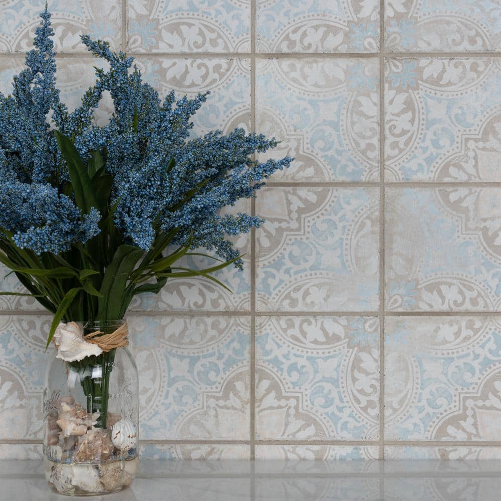 Barcelona 6" x 6" Beige and Blue Porcelain Patterned Tile