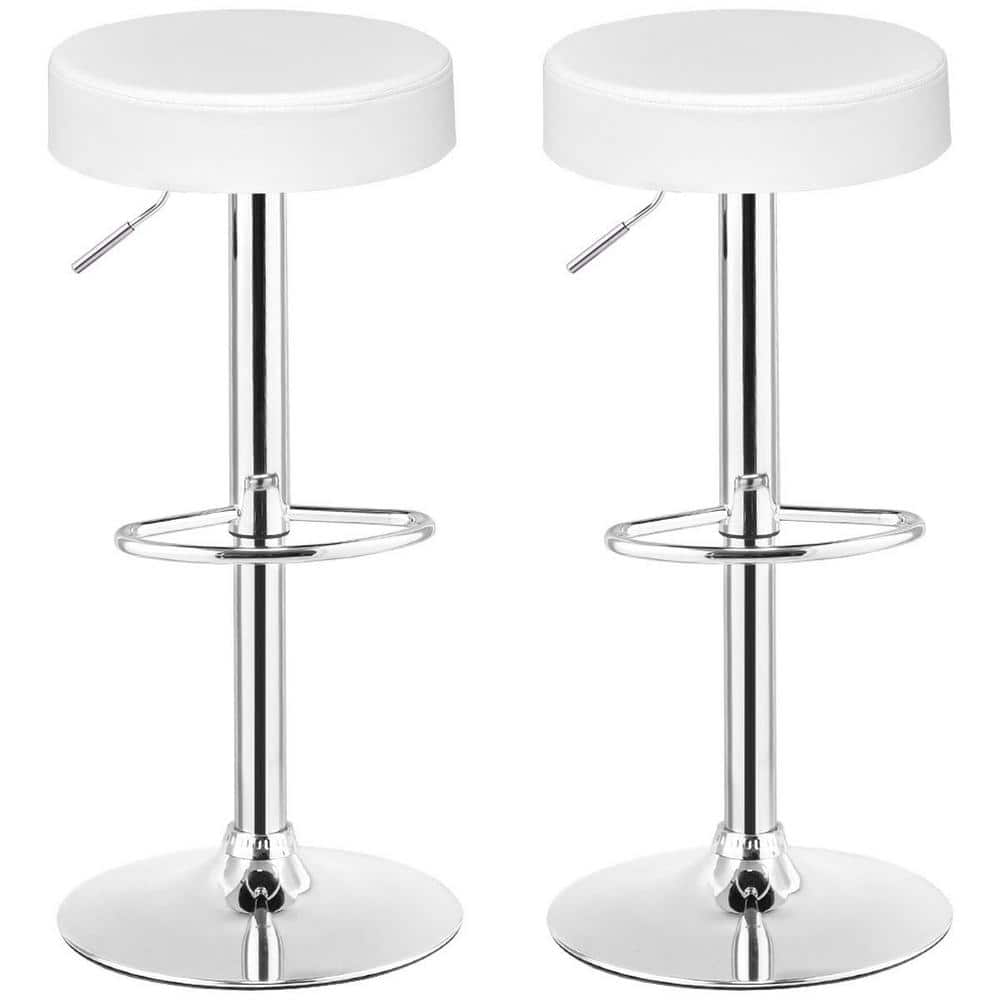 White Adjustable Swivel Backless Leather Bar Stools, Set of 2