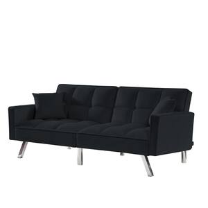 Black Modern Velvet Futon Sofa Couch Bed with Armrests and 2 Pillows