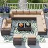 Halmuz 14-Piece Brown Wicker Outdoor Sectional Set with Glass Coffee Table and Sand Cushions, Patio Chat, PE Rattan 77-Sand