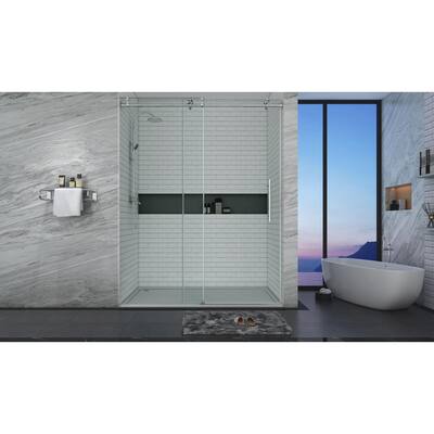 60 in. W x 76 in. H Single Sliding Frameless Shower Door in Brushed Nickel with Soft-closing and 3/8 in. (10 mm) Glass