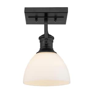 Hines 7 in. Black with Opal Glass 1-Light Semi-Flush Mount