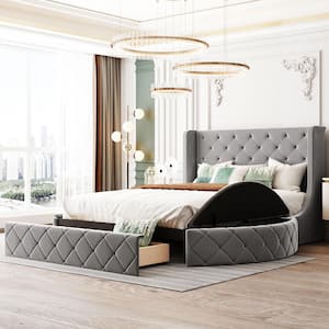 Gray Wood Frame Queen Upholstered Platform Bed with Wingback Headboard, 2-Side Storage Stool and 1-Big Drawer
