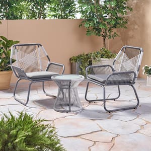 3-Piece Wicker Outdoor Bistro Set with Gray Cushions for Porch, Balcony, Deck, Patio, Backyard