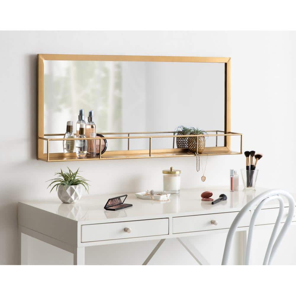 Gold Full Length Rectangular Metal Frame Mirror with Shelf