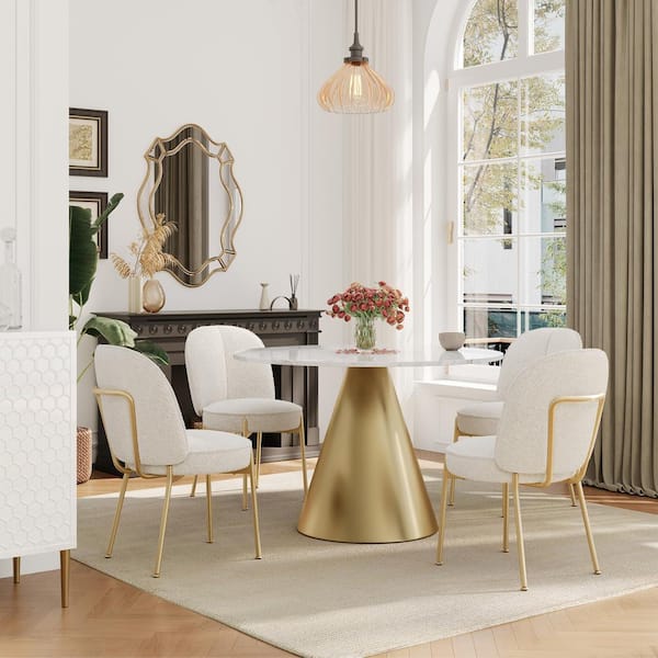 Boyel Living 5-Piece White Marble Counter Top Dining Table Set Seats 4 (1-Table and 4-Greamy White Chairs)