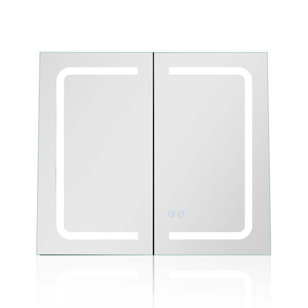Unbranded 27.5 in. W x 31.5 in. H Rectangular Silver Surface Mount LED Medicine Cabinet with Mirror Adjustable Shelves, Anti-Fog