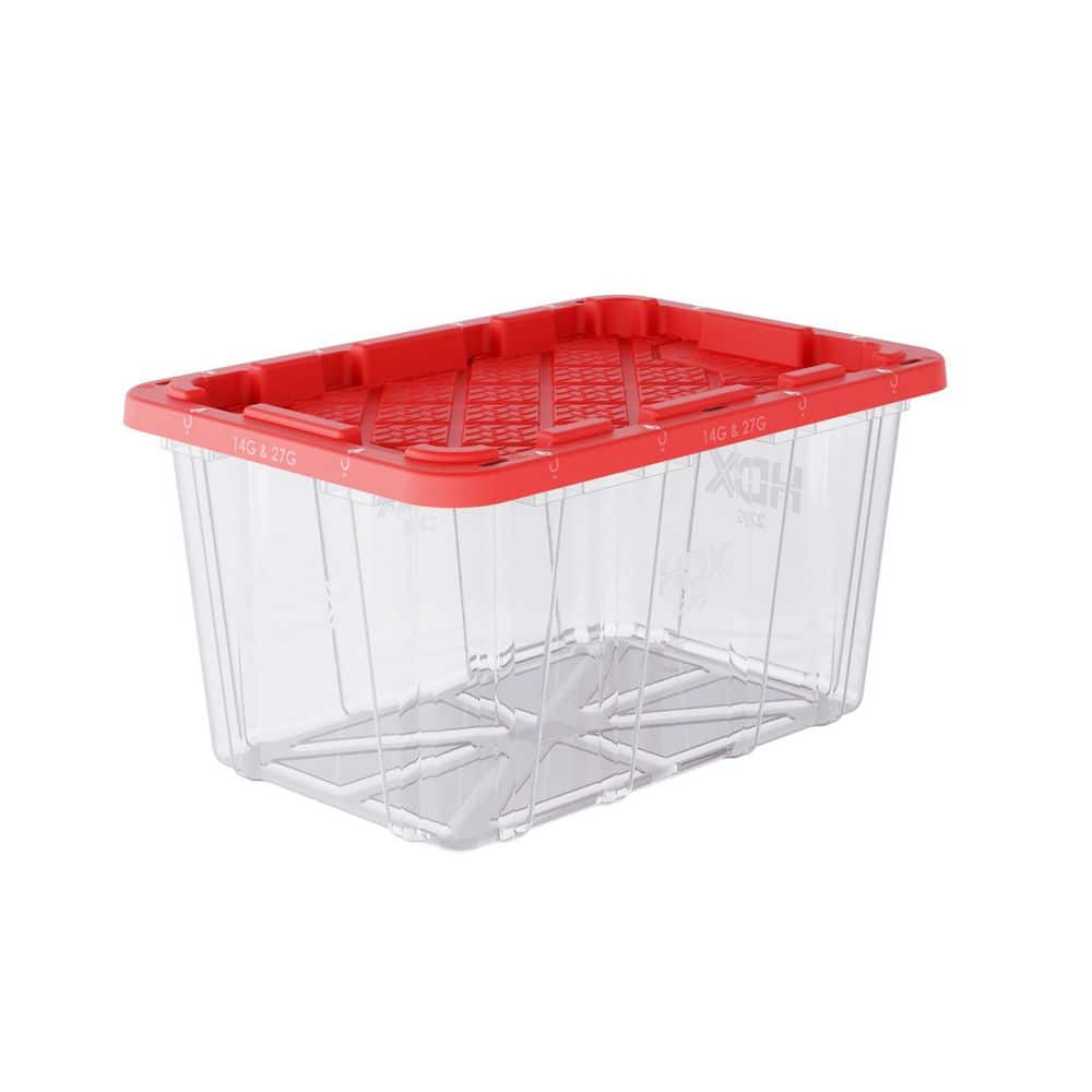HDX 27 Gal. Tough Storage Tote in Clear with Red Lid 999-27G-C-HDX