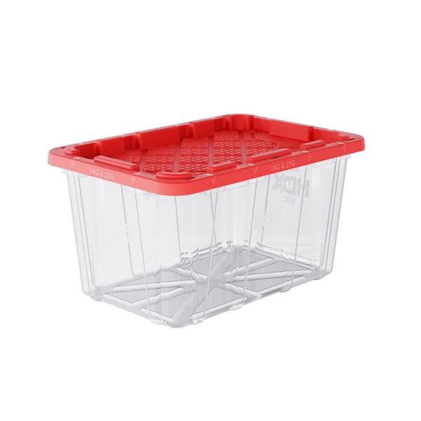 27 Gal. Tough Storage Tote in Clear with Red Lid