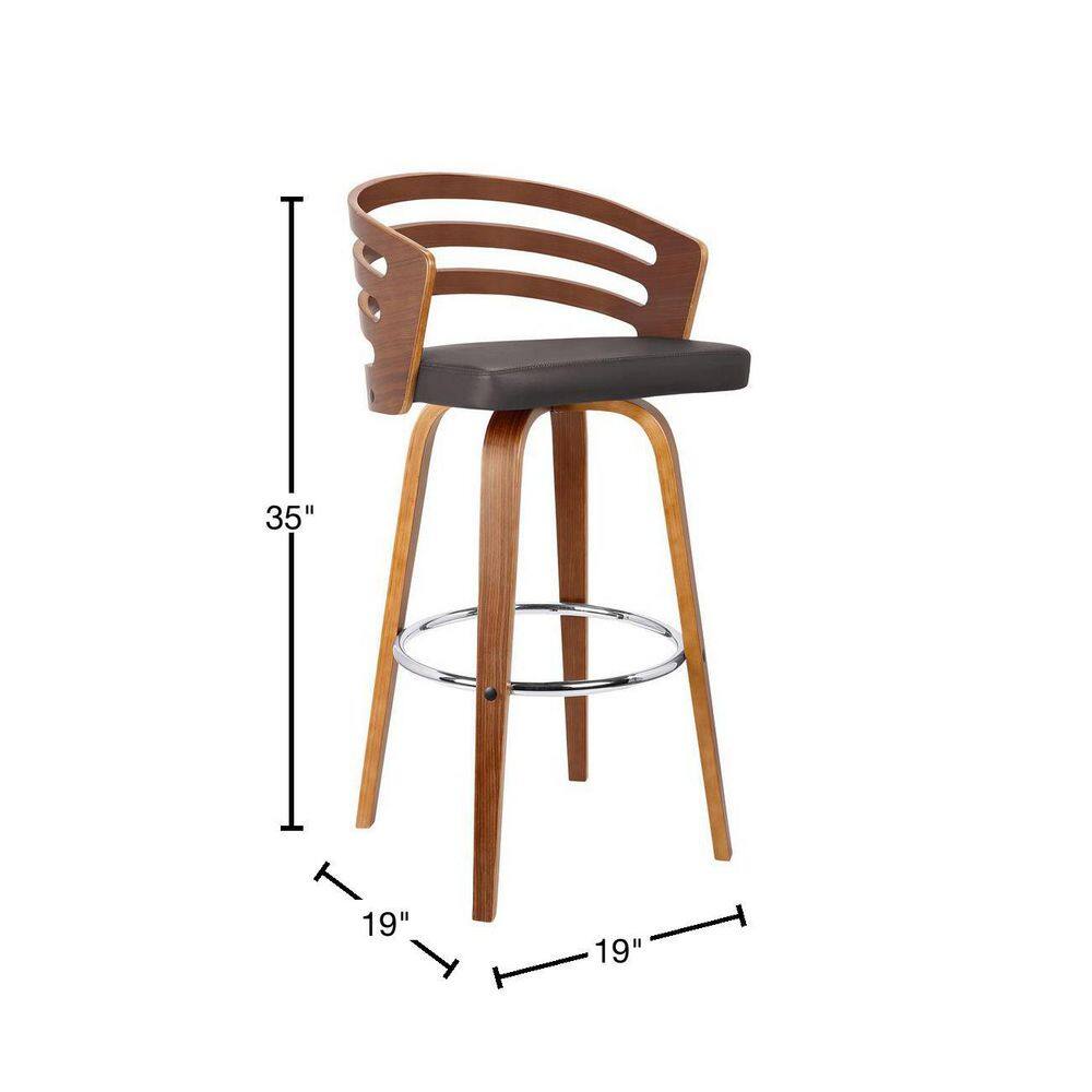 Mid-Century Walnut Swivel Stool with Brown Faux Leather