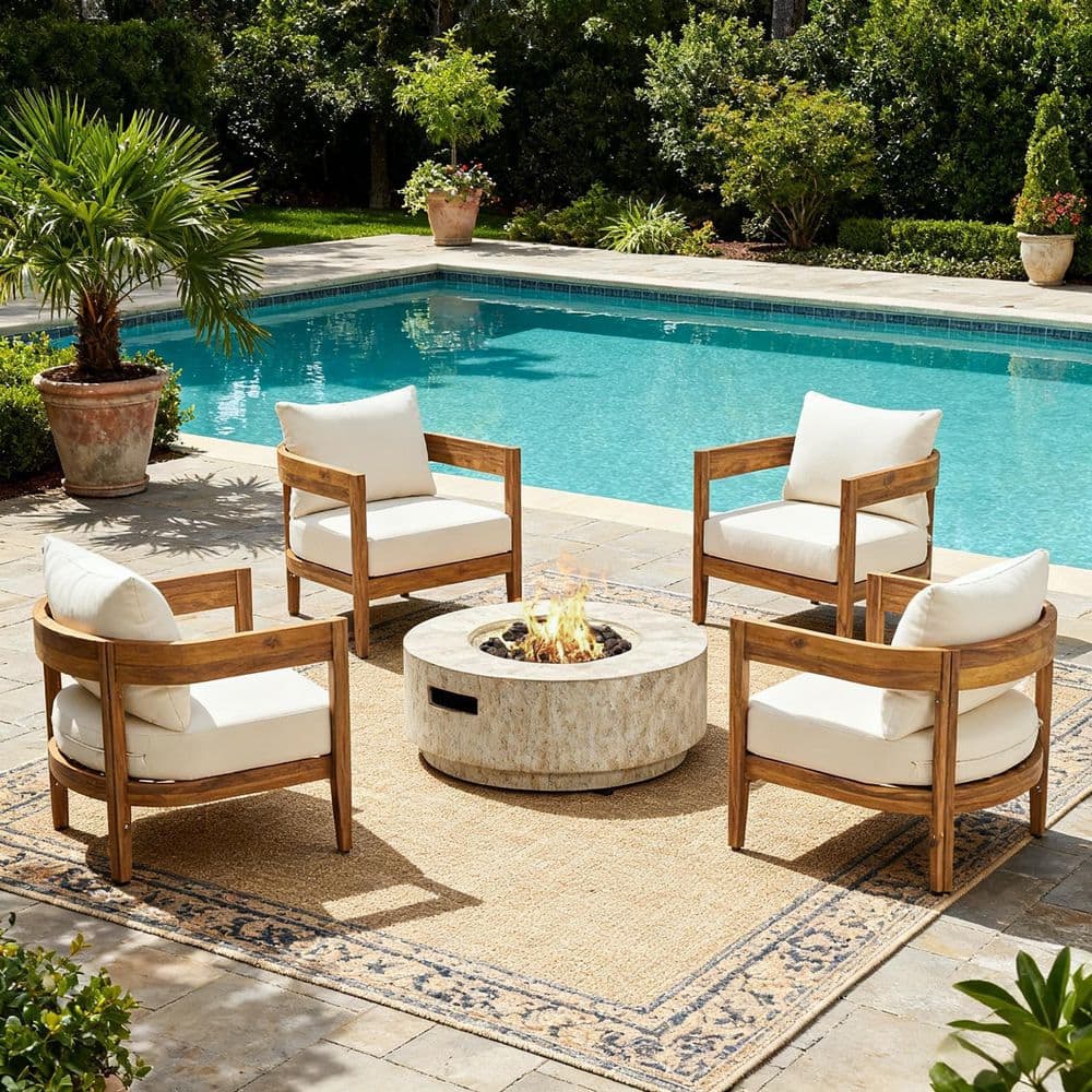 5-Piece Acacia Wood Patio Outdoor Conversation Set with Beige Cushions, 4 Club Chair,40000BTU MGO Propane Fire Pit Table price history on PriceWatchPro