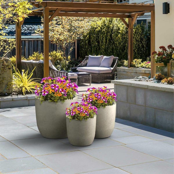 13.5 in. 17 in. 20.5 in. Light Gray(Enhanced Interior) Concrete Round Planter / Pot with Drainage Holes (3-Pack)
