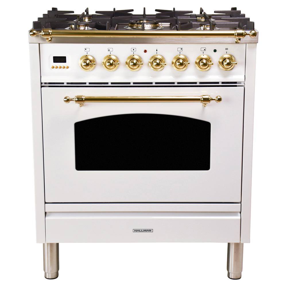 Hallman 30 in. 3.0 cu. ft. Single Oven Dual Fuel Italian Range with True Convection, 5 Burners, Brass Trim in White