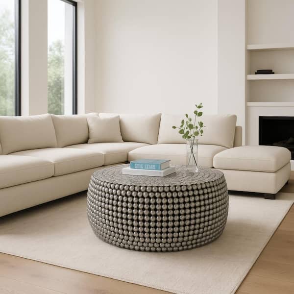 THE URBAN PORT Eve 32.0 in. Silver Round Iron Metal Coffee Table with Metallic Beads Studded Pattern