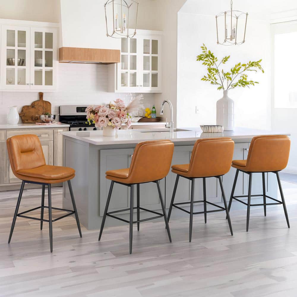 Whiskey Brown Faux Leather Counter Stools with Metal Legs, Set of 4