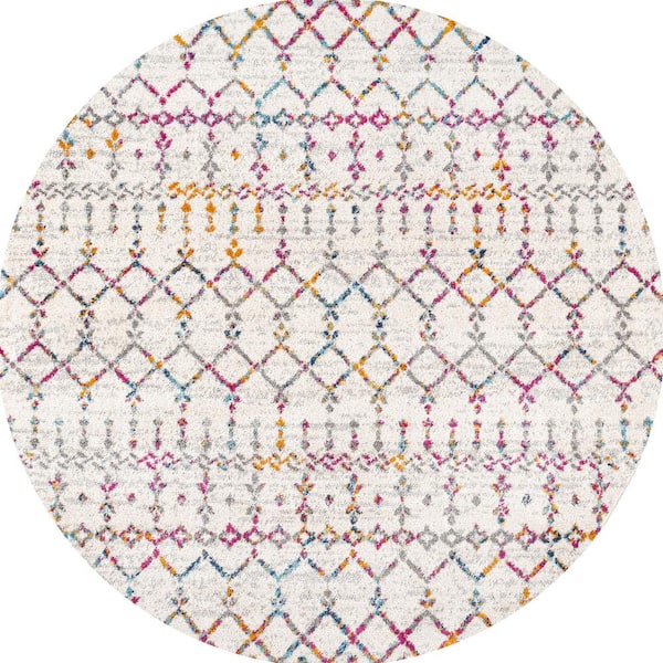 5 ft. Round Ivory/Multi Moroccan Hype Boho Vintage Diamond Area Rug