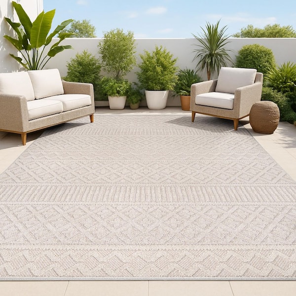 JONATHAN Y Ormond High-Low Modern Trellis Geometric Beige/Gray 4 ft. x 6 ft. Indoor/Outdoor Area Rug