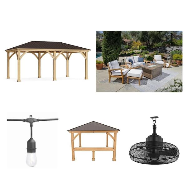 24-Light 48 ft. Edison String Light, 12 ft. x 20 ft. Meridian Gazebo Kit, 20 in. Conyer Fan, 12 ft. Bar