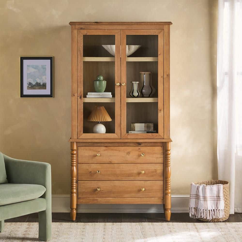 73 in. Tall English Oak MDF Turned Woods Spindle Glass Cabinet Bookcase with Drawer Storage