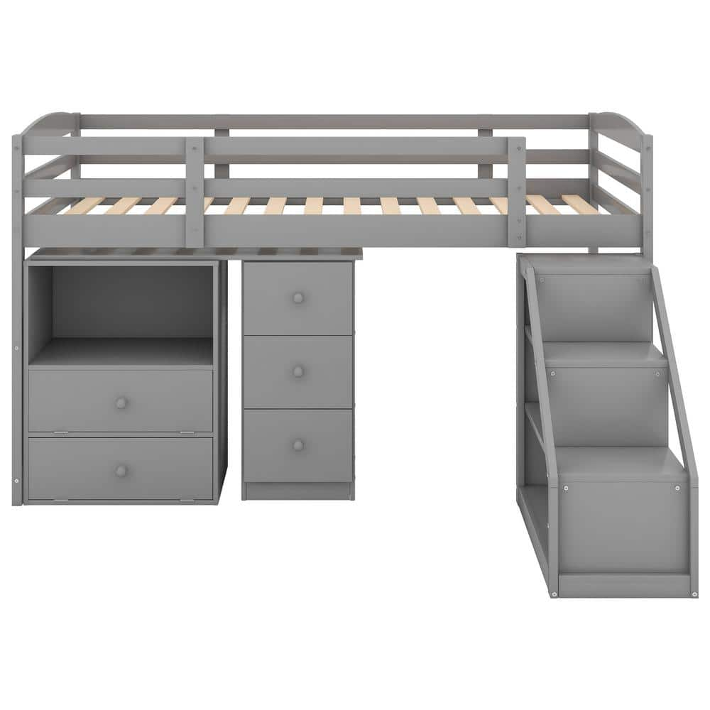 ATHMILE Gray Twin Size Loft Bed with Movable Built-in Desk and ...