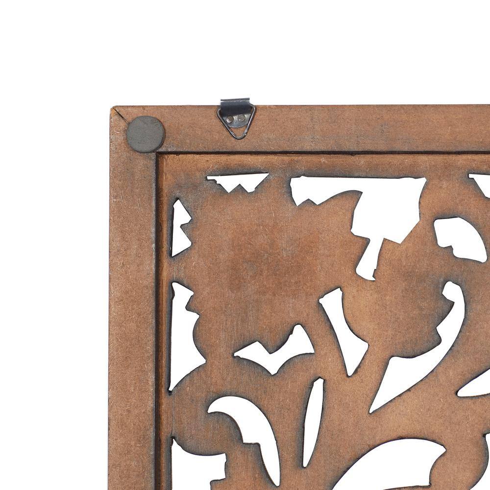 Brown Wood Carved Botanical Rectangular Wall Panel