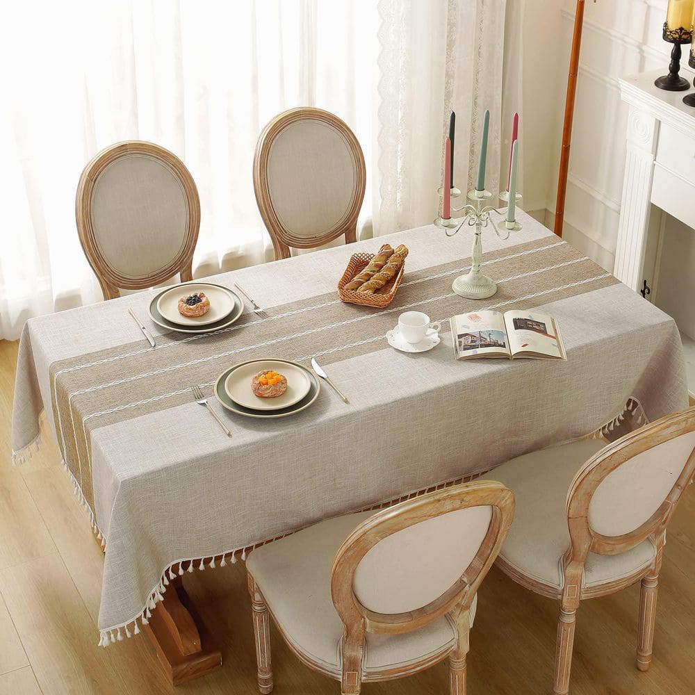 55 in. W x 86 in. L Lines Coffee Striped Cotton Blend Embroidered Tablecloth with Fringe Tassels for Dining and Events price history on PriceWatchPro