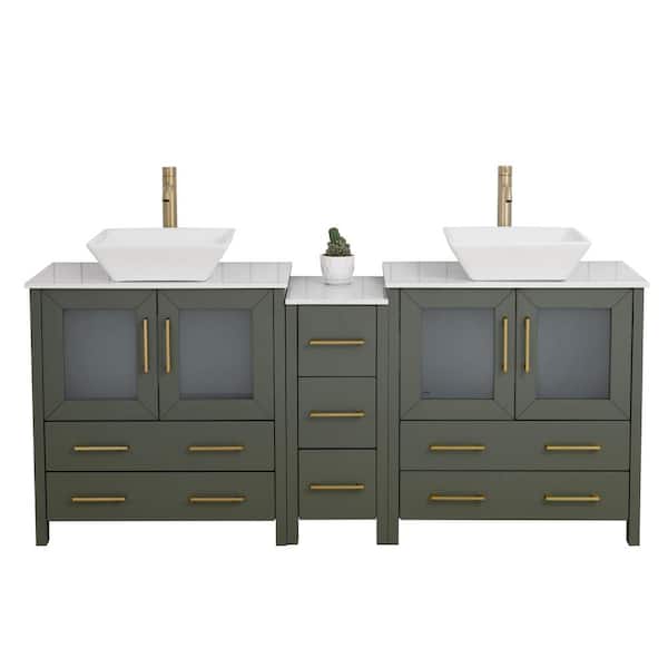 Vanity Art 72 in. W Double Basin Vintage Green Bath Vanity with White Engineered Marble Top and Mirror