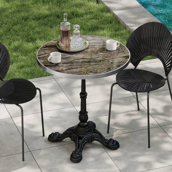 Round Sintered Stone Table with Marble Look, Heavy-Duty Cast Iron Base, Indoor Outdoor Bistro Table for Patio