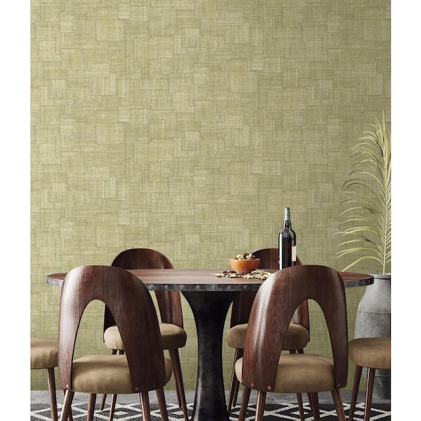60.75 sq. ft. Straw Green Woven Blocks Embossed Vinyl Unpasted Wallpaper Roll