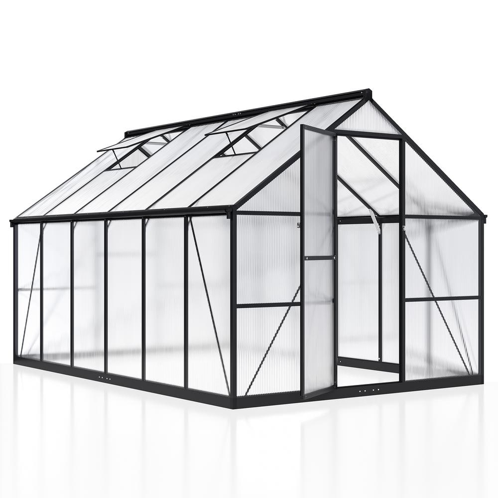 VIWAT 8 ft. W x 12 ft. D Polycarbonate Walk-in Greenhouse For Outdoors with Quick Setup Structure and Roof Vent, Black