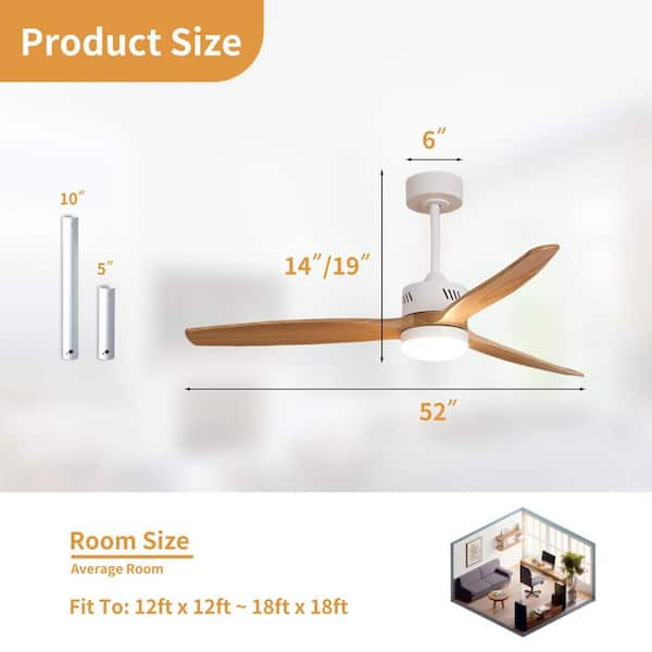 52 in. Integrated LED Indoor White Downrod Standard Ceiling Fan with Oak Blades, Dimmable Light,Remote,DC Motor
