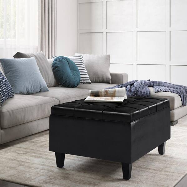Simpli Home Harrison 34 in. Rectangle Small Coffee Table Storage Ottoman in Midnight Black Faux Leather Assembled AXCOT 265SM BL