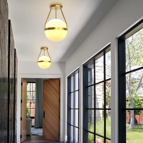 10 in. 1-Light Gold Mid Century Modern Globe Semi-Flush Mount Ceiling Light w/ White Frosted Glass Shade for Living Room