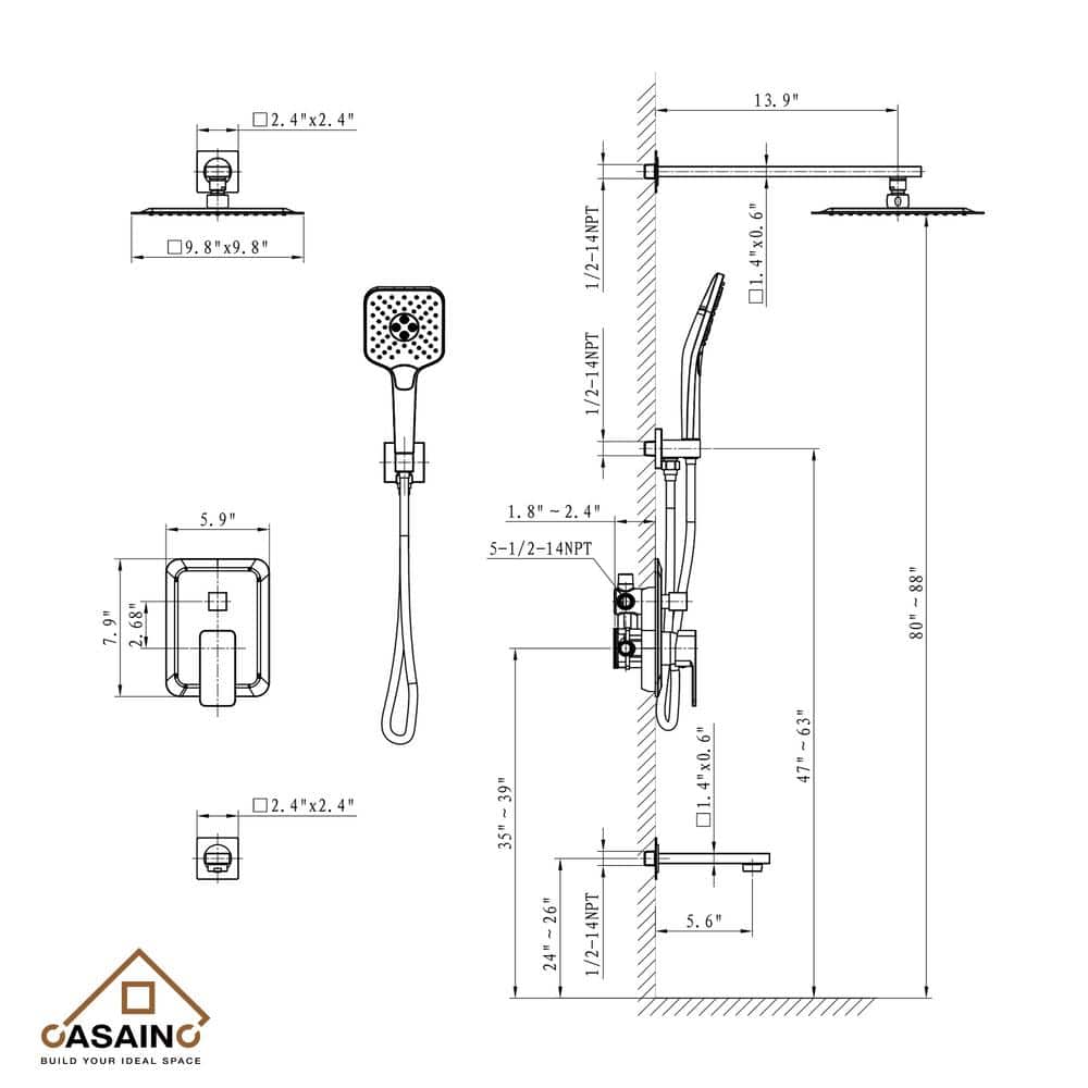 Nickel Wall-Mounted Multi-Head Rain Shower System with Filter